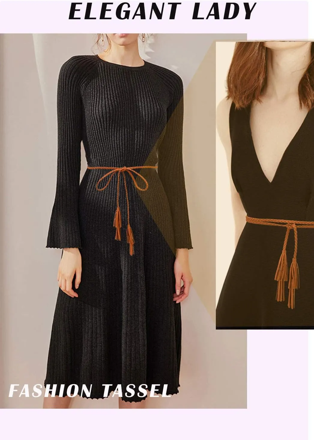 TeeYee Women Girls Multi Colors Braided Waist Tie Belt/Rope/Chain with Tassel Fringe Wrap Cloth Belts for Ladies Dress Pants