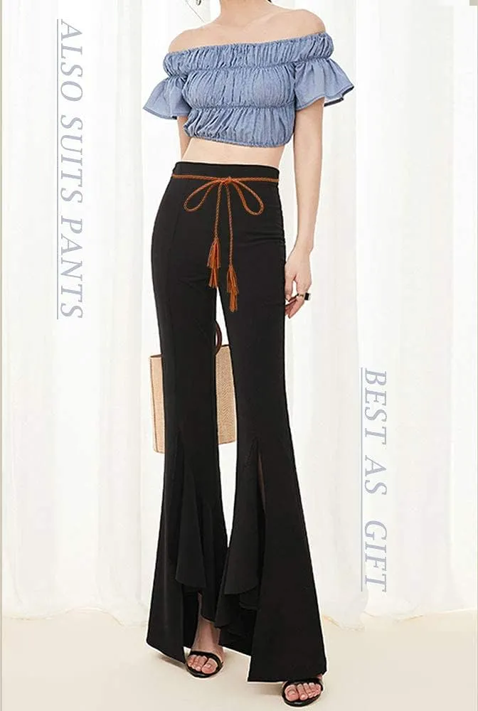 TeeYee Women Girls Multi Colors Braided Waist Tie Belt/Rope/Chain with Tassel Fringe Wrap Cloth Belts for Ladies Dress Pants