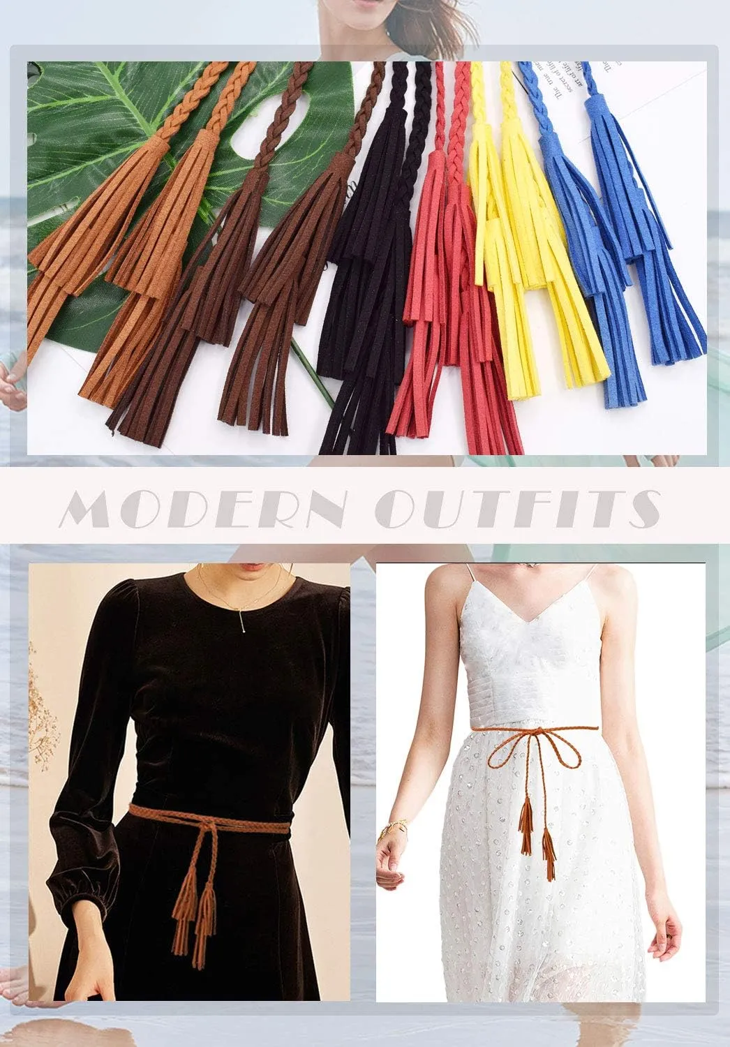 TeeYee Women Girls Multi Colors Braided Waist Tie Belt/Rope/Chain with Tassel Fringe Wrap Cloth Belts for Ladies Dress Pants