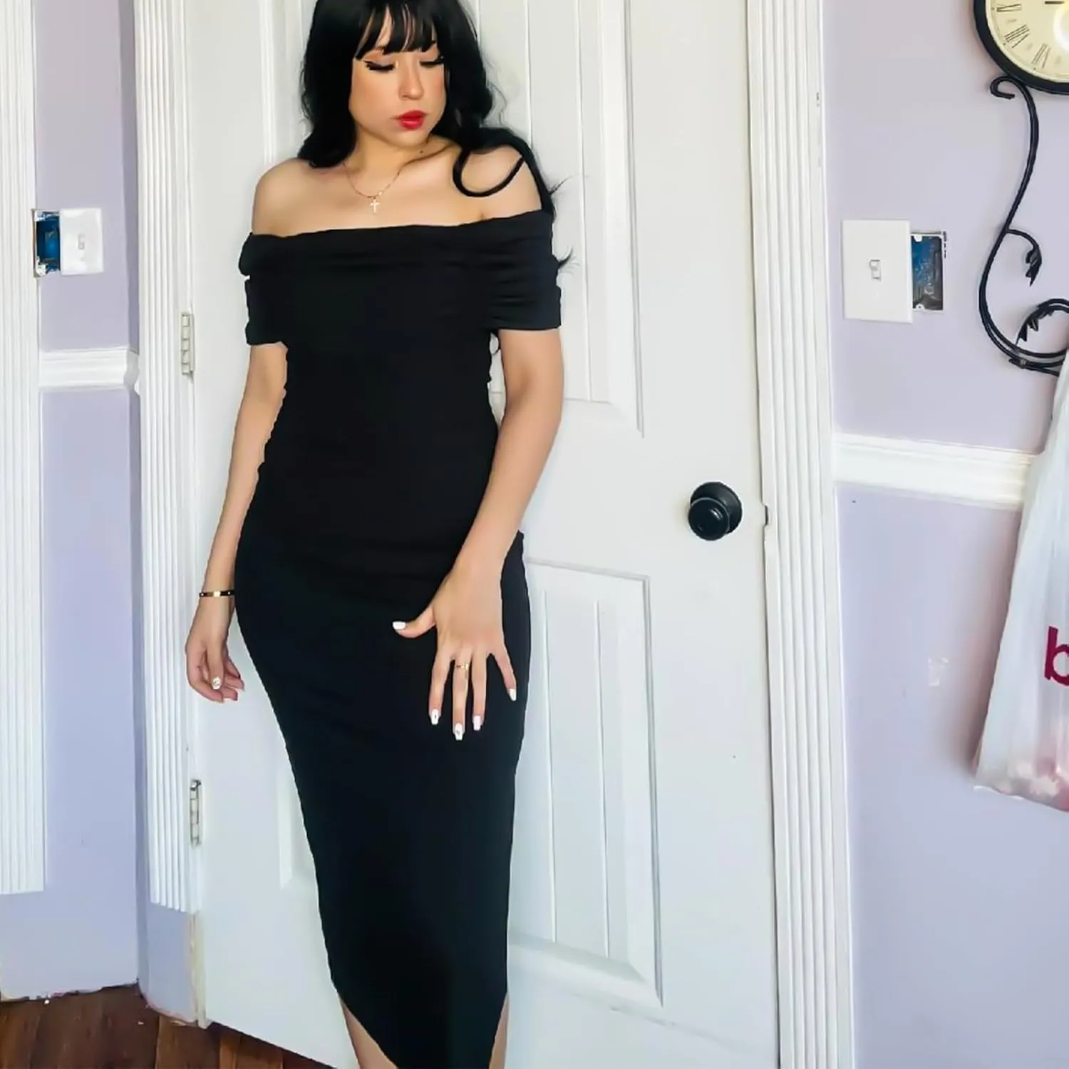 Women Sexy Bodycon Dress Off Shoulder Short Sleeve Elegant Ribbed Knit Midi Cocktail Dresses