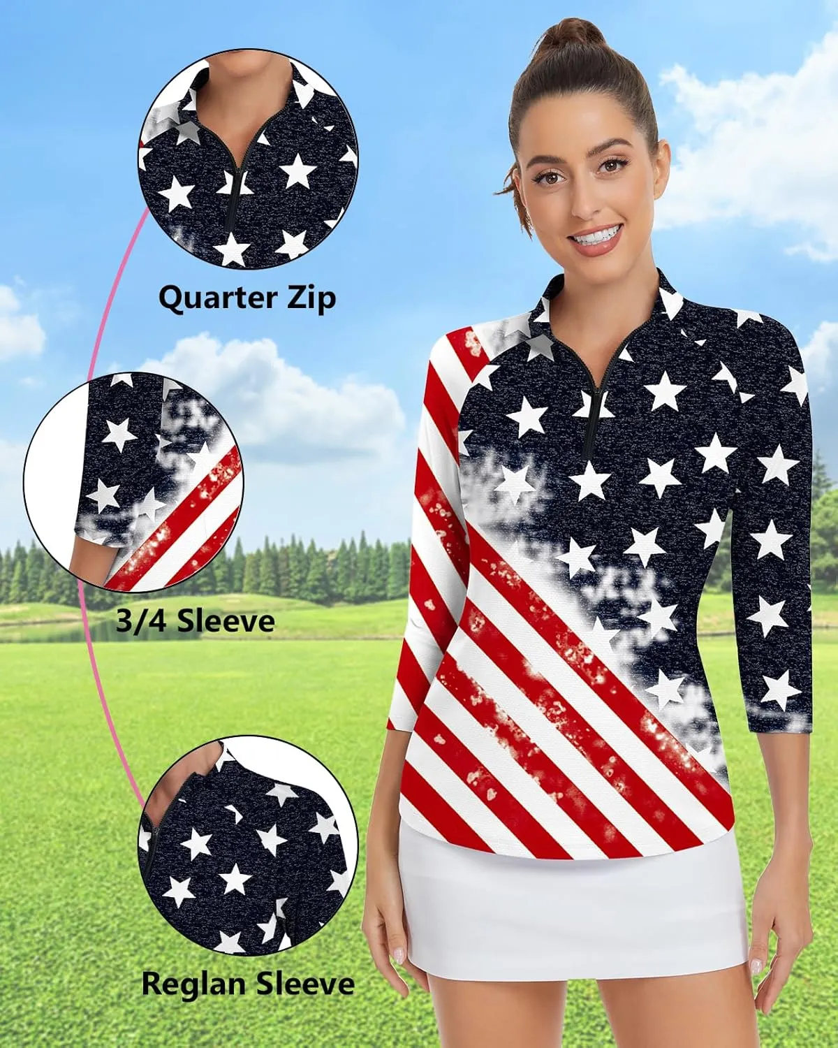 WOWENY Women's 3/4 Sleeve Athletic Golf Shirts Quarter Zip Pullover Collared T-Shirt Workout Print Tennis Top