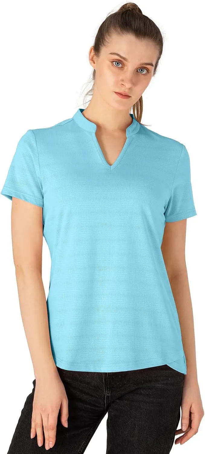 YSENTO Women's Dry Fit Golf Polo Shirts Tops Short Sleeve V Neck Collarless Apparel Shirts Clothes