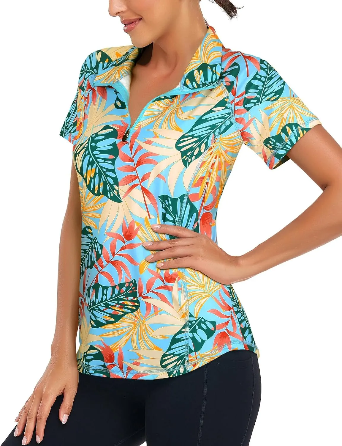 Zamowoty Women's Short Sleeve Golf Shirts 1/4 Zip Up Loose Yoga Running Workout Tops